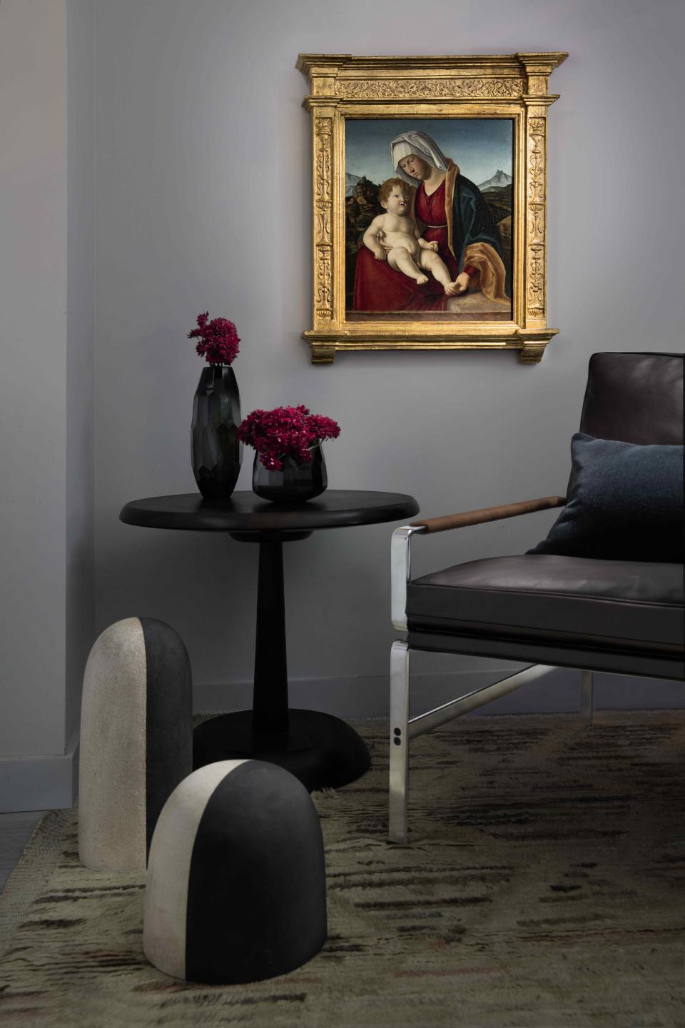 Andrew Finnigan's Offset Pedestal table, Michele Quan sculptures, and an FK 6720-1 easy chair by Fabricius & Kastholm under Giovanni Battista Cima's Madonna and her Child Before a Landscape.
