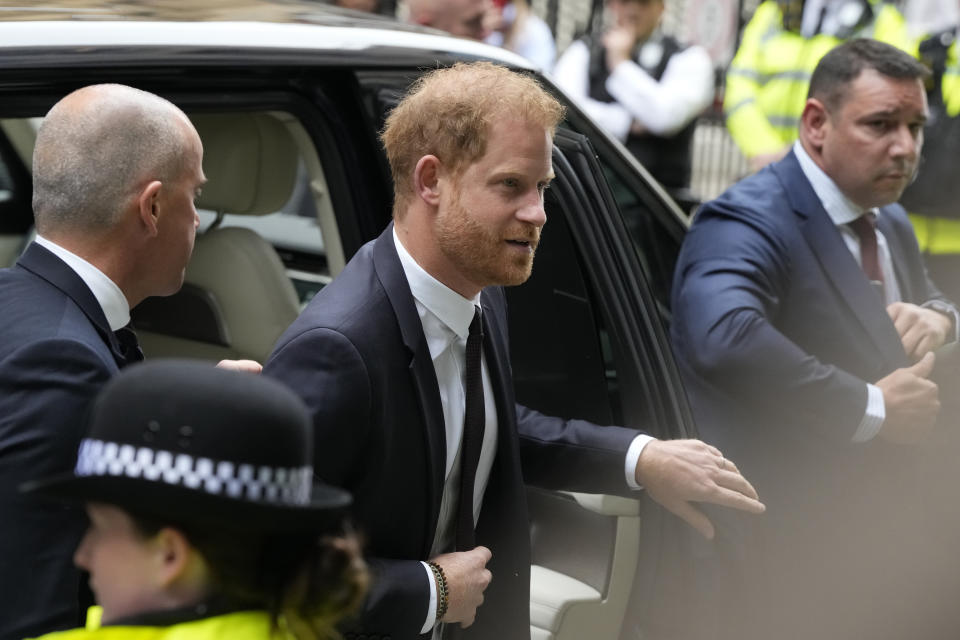 Prince Harry arrives at the High Court in London, Tuesday, June 6, 2023. Prince Harry is due at a London court to testify against a tabloid publisher he accuses of phone hacking and other unlawful snooping. Harry alleges that journalists at the Daily Mirror and its sister papers used unlawful techniques on an "industrial scale" to get scoops. Publisher Mirror Group Newspapers is contesting the claims. (AP Photo/Frank Augstein)