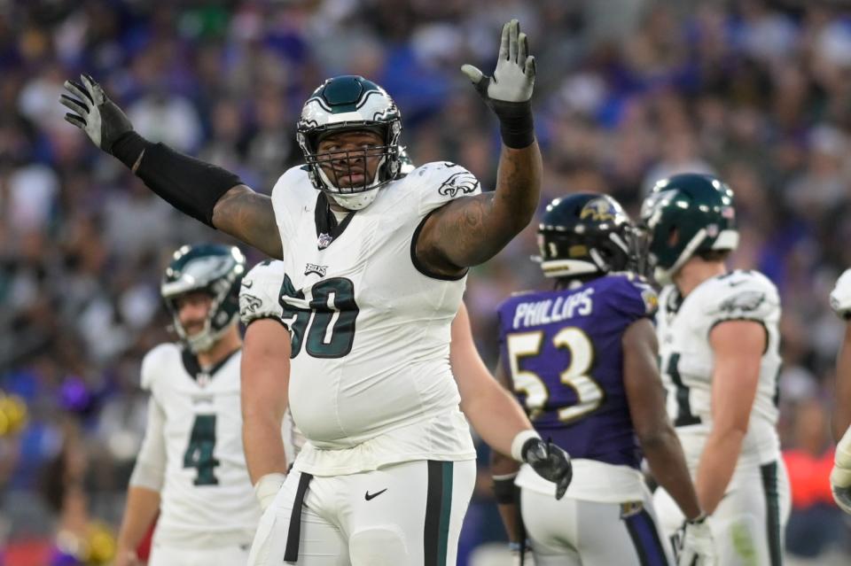 Aug 12, 2023; Baltimore, Maryland, USA; Philadelphia Eagles offensive tackle Fred Johnson (50) reacts after a place kicker Jake Elliott (4) second quarter field goal against the Baltimore Ravens at M&T Bank Stadium. Mandatory Credit: Tommy Gilligan-USA TODAY Sports