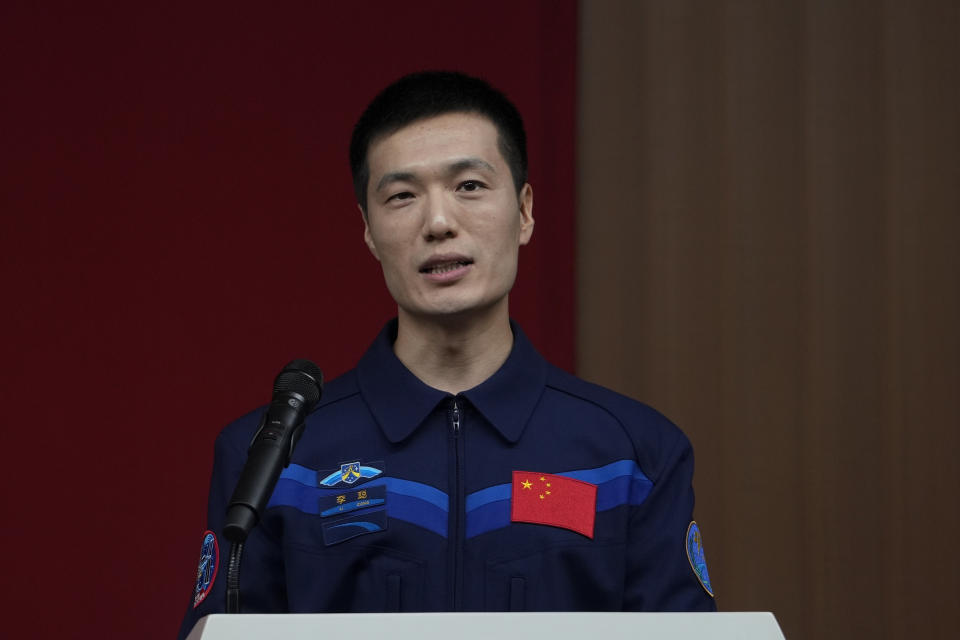 Chinese astronaut for the upcoming Shenzhou-18 mission Li Cong speaks during a meeting with media members at the Jiuquan Satellite Launch Center in northwest China, Wednesday, April 24, 2024. (AP Photo/Andy Wong)