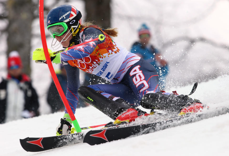 United States' Mikaela Shiffrin skis past a gate during the women's slalom at the Sochi 2014 Winter Olympics, Friday, Feb. 21, 2014, in Krasnaya Polyana, Russia. (AP Photo/Alessandro Trovati)