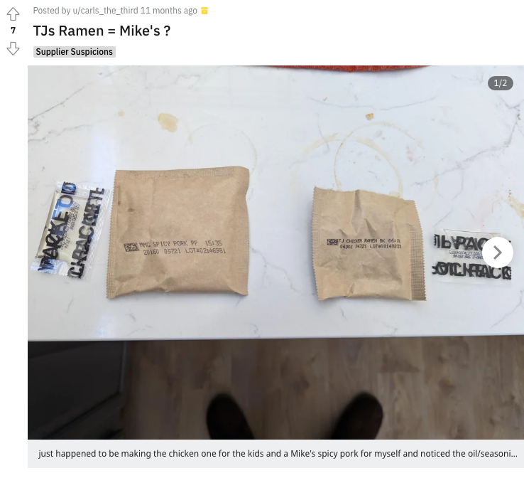 comparing the tj's ramen to the mike's ramen, screenshot from reddit, packaging almost identical for the soup base and oil packet