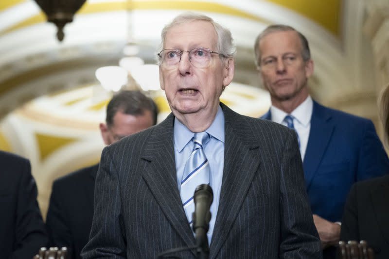 Senate Minority Leader Mitch McConnell, R-Ky., said the United States must tend to its "global responsibilities." Photo by Bonnie Cash/UPI