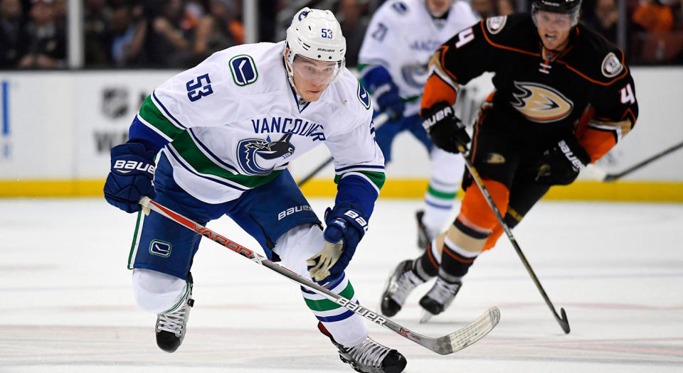 Bo Horvat breaks away from Anaheim Ducks defenseman Cam Fowler. (Mark J. Terrill/AP)