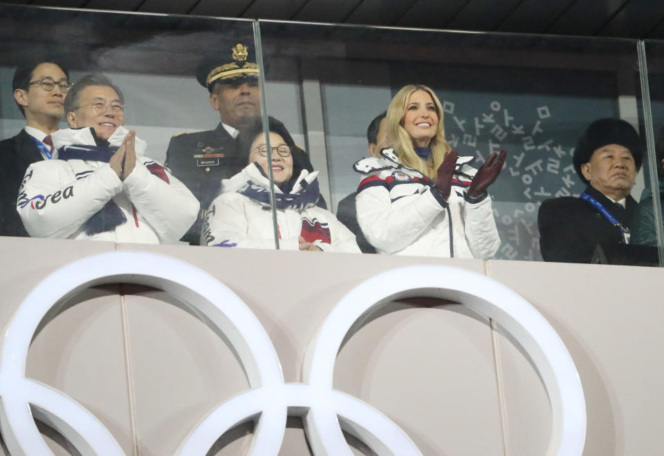 South Korean President Moon Jae-in, his wife Kim Jung-sook, Ivanka Trump, U.S. President Donald Trump's daughter and senior White House adviser, and Kim Yong Chol of the North Korea delegation&nbsp;attend the ceremony.