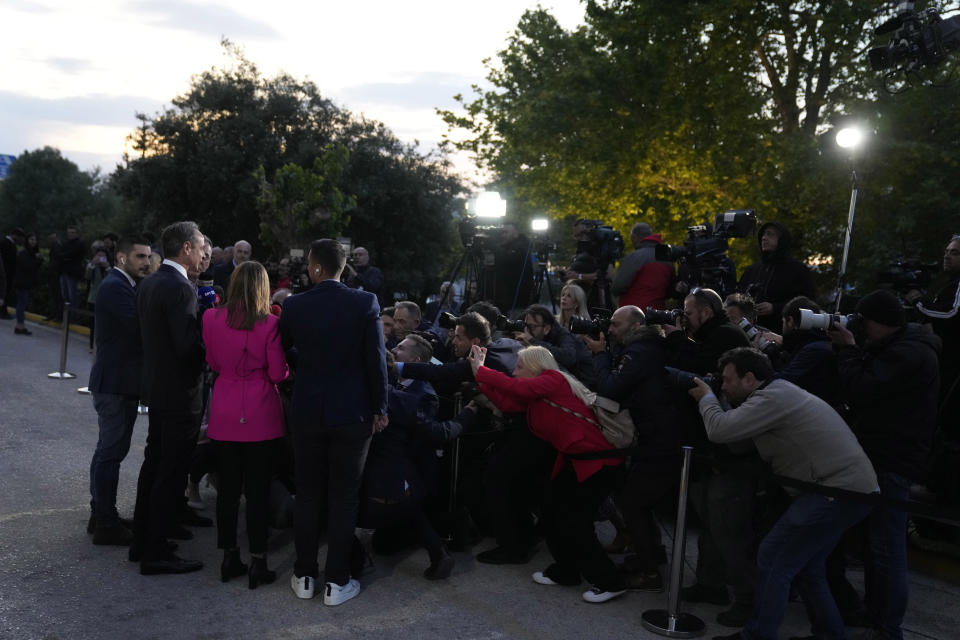 Greece's Prime Minister and New Democracy leader Kyriakos Mitsotakis makes a statement to journalists before a debate with the other heads of Greek political parties at the premises of public broadcaster ERT in Athens, Greece, Wednesday, May 10, 2023. Greeks go to the polls Sunday, May 21, in the first general election held since the country ended successive international bailout programs and strict surveillance period imposed by European leaders. Conservative Prime Minister Kyriakos Mitsotakis is seeking a second four-year term and is leading in opinions but may need a coalition partner to form the next government. (AP Photo/Thanassis Stavrakis)