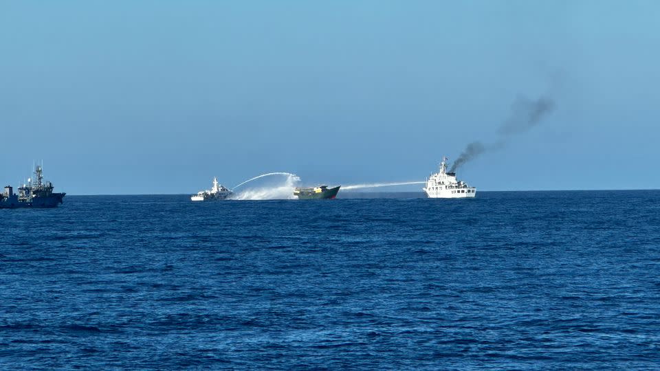 CNN witnessed Chinese vessels deploying water cannons on a Philippine boat in the South China Sea, on a resupply mission to the Second Thomas Shoal on March 5, 2024. - Rebecca Wright/CNN