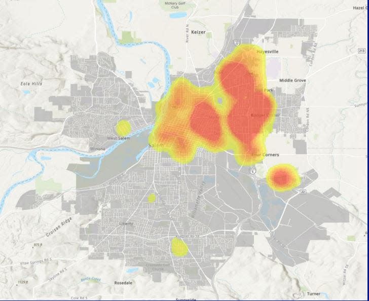 A heat map of homicides and shootings from 2018 to 2023 shows a concentration of incidents in northeast Salem. A city-commissioned report on gun violence shows these hot spots cover just over 5 square miles — about 11% of Salem's land area.