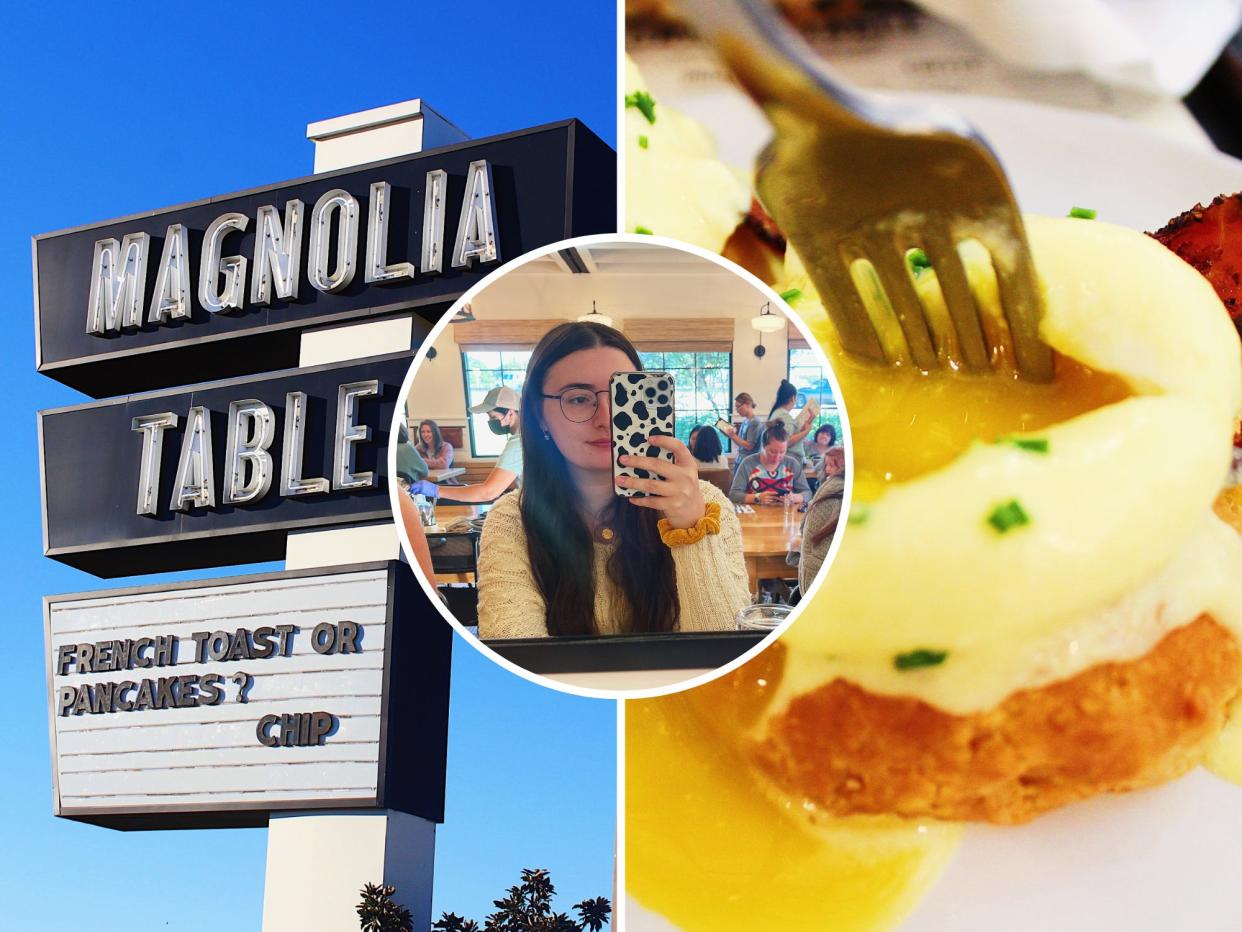 magnolia table sign, author inside magnolia table, and eggs benedict with fork piercing the yolk