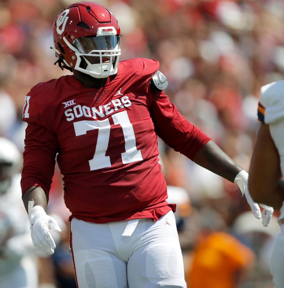 Oklahoma's Anton Harrison (71) during a college football game between the University of Oklahoma Sooners (OU) and the UTEP Miners at Gaylord Family - Oklahoma Memorial Stadium in Norman, Okla., Saturday, Sept. 3, 2022. Oklahoma won 45-13. 