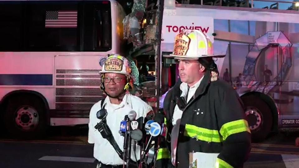 A crash involving a double-decker tour bus and a city bus in New York City left more than dozens of people injured with 32 rushed to hospitals on July 6, 2023, NYC fire and EMS officials said. From left, New York EMS Deputy Chief Paul Hopperand NYFD Deputy Chief Kevin Murphy.