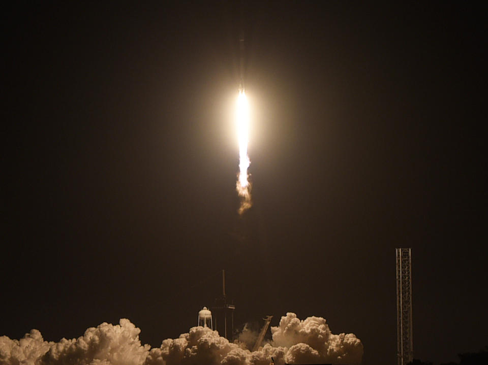 The SpaceX Falcon 9 rocket carrying the Odysseus is seen shortly after launch.