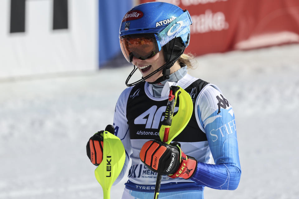 United States' Mikaela Shiffrin gets to the finish area after completing the women's World Championship slalom, in Meribel, France, Saturday Feb. 18, 2023. (AP Photo/Marco Trovati)