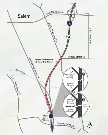 The Oregon Department of Transportation plans to widen southbound I-5 to create a dedicated lane for the Delaney Road off-ramp just south of Salem.