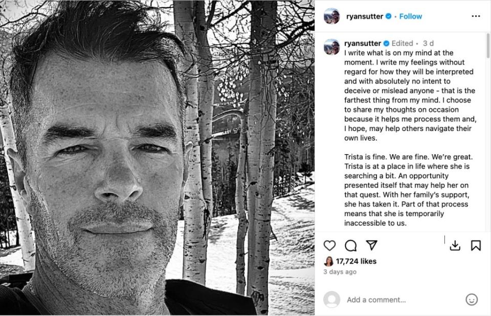 Ryan Sutter shared a cryptic post about his wife, Trista Sutter, alongside a picture of himself. Ryan Sutter / Instagram