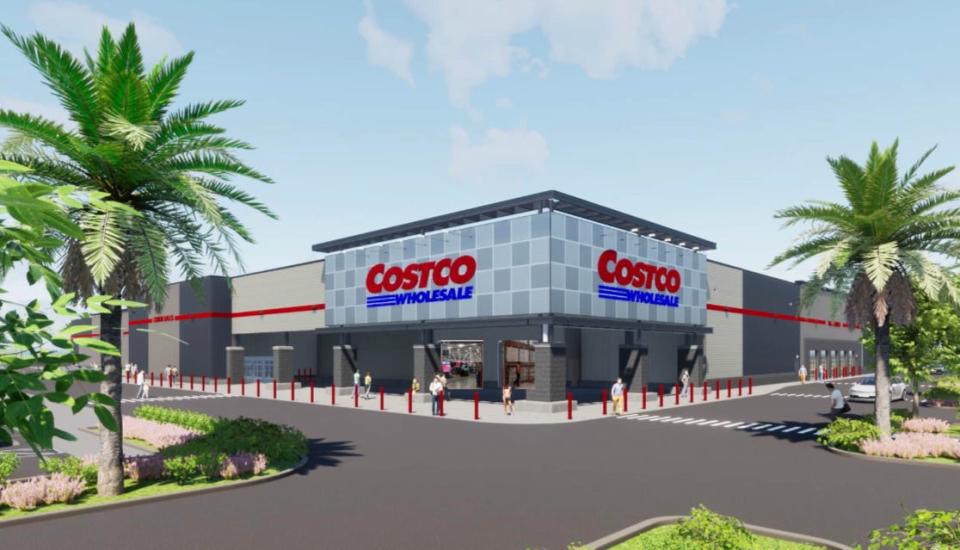 This is a rendering of the Costco Wholesale store that is on track to open in early 2024 at the One Daytona entertainment/retail complex across the street from Daytona International Speedway. Unlike most Costco stores, this one will have a checkerboard facade, a nod to the Speedway's Victory Lane.