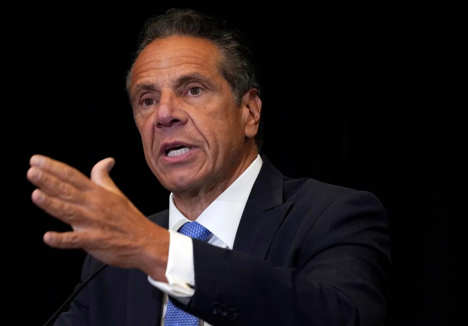 New York Gov. Andrew Cuomo speaks during a news conference at New York's Yankee Stadium, Monday, July 26, 2021. Investigators conducting an inquiry into sexual harassment allegations against Cuomo questioned him for eleven hours when he met with them last month.