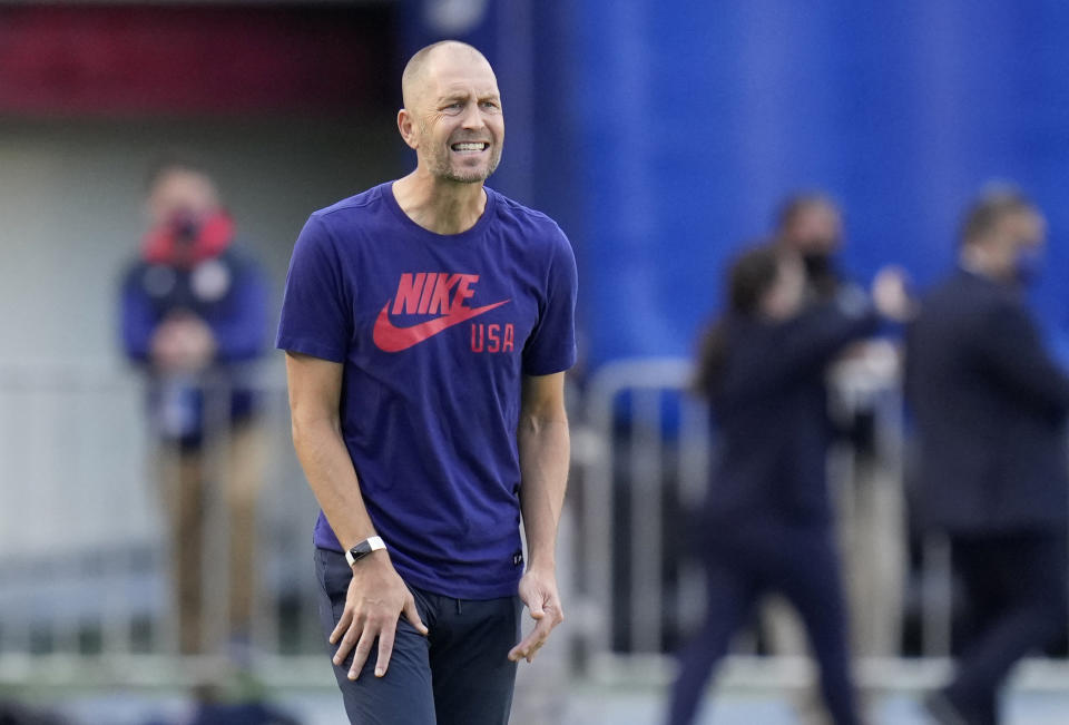 United States coach Gregg Berhalter reacts during a qualifying soccer match against Panama for the FIFA World Cup Qatar 2022 at Rommel Fernandez stadium, Panama city, Panama, Sunday, Oct. 10, 2021. (AP Photo/Arnulfo Franco)