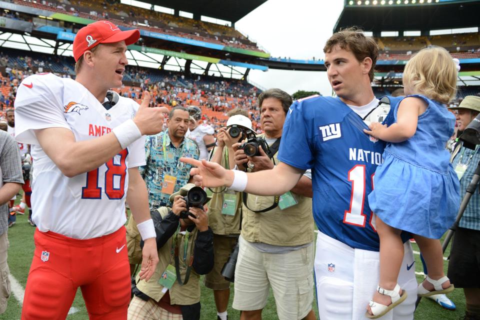 Peyton Manning and Eli Manning, seen here at the Pro Bowl in January 2013, hosted their second alternate Monday Night Football broadcast.