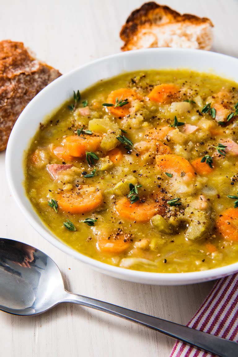 <p>It's one of the oldest soups we eat, dating back to the Roman ages. At its most basic, it's a <a href="https://www.delish.com/uk/cooking/recipes/g29869350/healthy-soup-recipes/" rel="nofollow noopener" target="_blank" data-ylk="slk:soup;elm:context_link;itc:0;sec:content-canvas" class="link ">soup</a> made from dried spit peas and ham.</p><p>Get the <a href="https://www.delish.com/uk/cooking/recipes/a31938633/instant-pot-split-pea-soup/" rel="nofollow noopener" target="_blank" data-ylk="slk:Instant Pot Split Pea Soup;elm:context_link;itc:0;sec:content-canvas" class="link ">Instant Pot Split Pea Soup</a> recipe.</p>