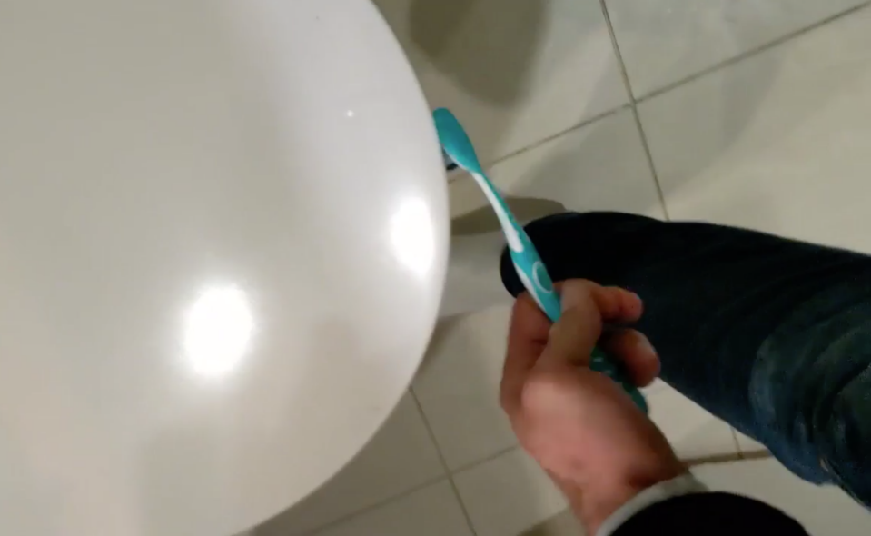 David filmed himself using his TV wife Hayley's toothbrush to clean the toilet. Photo: Channel Nine.