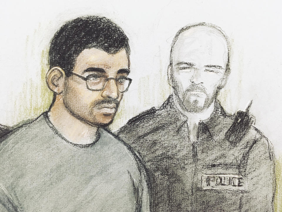 Hashem Abedi in the dock following his extradition from Libya. (Elizabeth Cook/PA via AP)