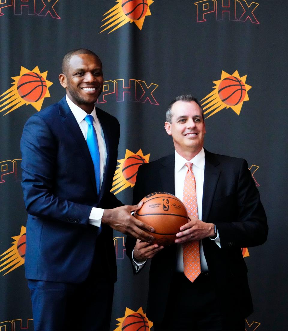 General manager James Jones introduces Frank Vogel as the new head coach of the Phoenix Suns during a news conference at Footprint Center in Phoenix on June 6, 2023.