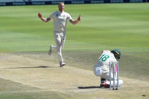 South Africa captain Faf du Plessis slumps to his knees after being bowled by Ben Stokes for 35