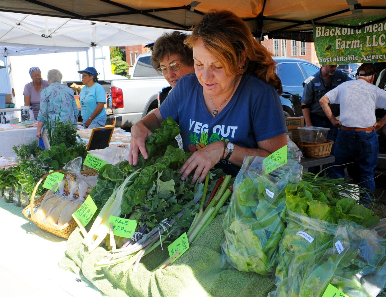 Betsy Libby arranges kale Saturday, June 25, 2022, at the Blackbird Meadows Farm vegetable stand on the opening day of the Alliance Farmers Market.