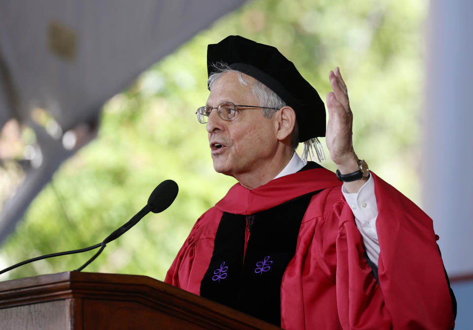 Attorney General Merrick Garland speaks at a Harvard Commencement ceremony held for the classes of 2020 and 2021, Sunday, May 29, 2022, in Cambridge, Mass. (AP Photo/Mary Schwalm)