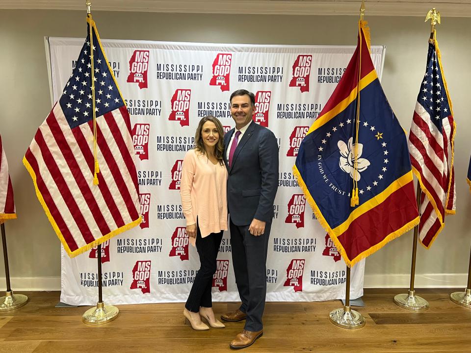 Mississippi Secretary of State Michael Watson poses with his wife Lauren after qualifying for reelection Wednesday, Jan. 25, 2023 at the Mississippi Republican Party headquarters in Jackson.