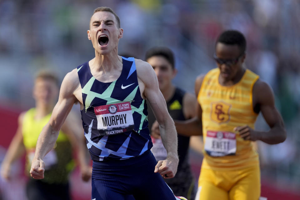 Clayton Murphy celebrates after winning the men's 800-meter run at the U.S. Olympic Track and Field Trials Monday, June 21, 2021, in Eugene, Ore. (AP Photo/Ashley Landis)