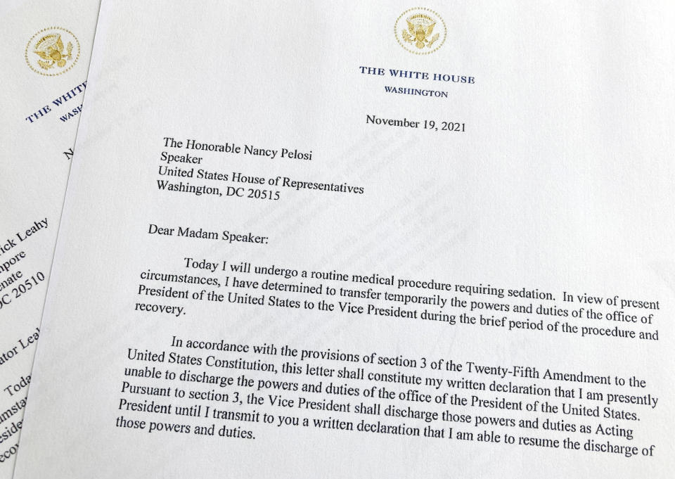 A portion of letters sent to House Speaker Nancy Pelosi and President Pro Tempore of the Senate Patrick Leahy from President Joe Biden are seen Friday, Nov. 19, 2021 in Washington. Biden briefly transferred power to Vice President Kamala Harris on Friday when he underwent a “routine colonoscopy" at Walter Reed National Military Medical Center, the White House said. (AP Photo/Wayne Partlow)