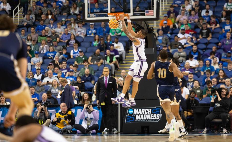 Kansas State’s Keyontae Johnson dunks the ball in the Wildcats’ 77-65 win over Montana State in the NCAA Tournament on Friday night. Johnson, a former Florida star, had 18 points and eight rebounds in the win.