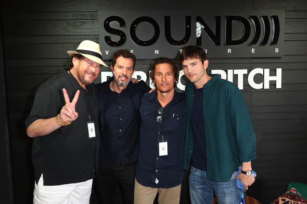 AUSTIN, TX - MARCH 10:  (L-R) Marc Benioff, Guy Oseary, Matthew McConaughey and Ashton Kutcher pose for a photo at the the Sound Ventures Tech Competition, PerfectPitch, at SXSW at Hotel Van Zandt on March 10, 2018 in Austin, Texas.  (Photo by Joe Scarnici/Getty Images for Sound )