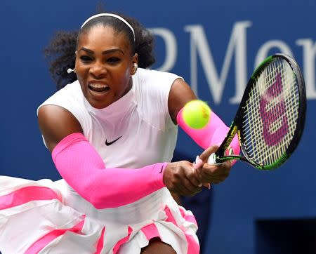 Sept 5, 2016; New York, NY, USA; Serena Williams of the USA hits to Yaroslava Shvedova of Kazakhstan on day eight of the 2016 U.S. Open tennis tournament at USTA Billie Jean King National Tennis Center. Mandatory Credit: Robert Deutsch-USA TODAY Sports