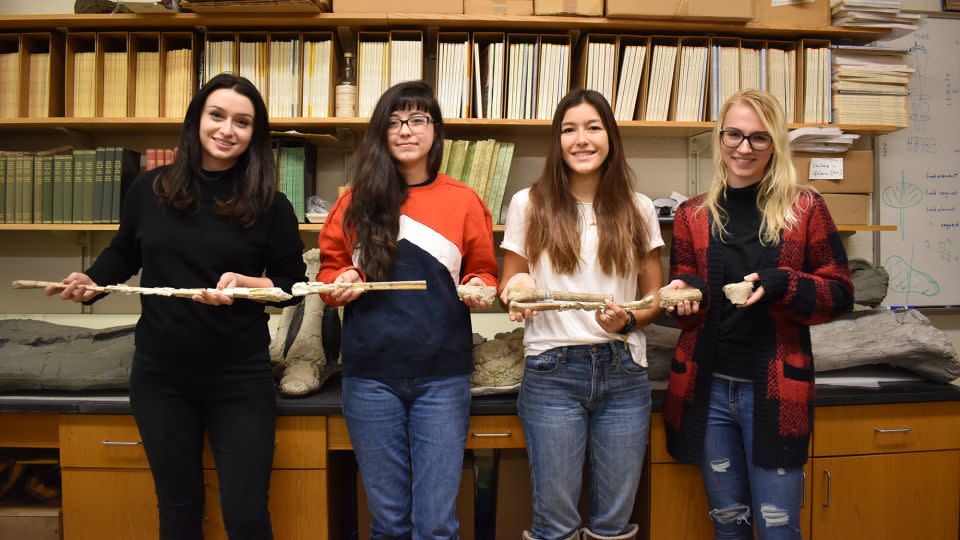 Study lead author Dr. Kierstin Rosenbach, research assistants Monique Perez and Stacy Kaneko, and study co-author Danielle Goodvin hold Inabtanin's wing bones (left to right). - Jeff Wilson Mantilla