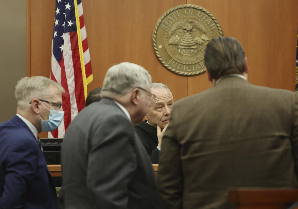 Judge Kent Holmberg talks with attorneys during the lawsuit trial of Terry Sanderson vs. Gwyneth Paltrow, Tuesday, March 28, 2023, in Park City, Utah. Paltrow is accused in a lawsuit of crashing into a skier during a 2016 family ski vacation, leaving him with brain damage and four broken ribs. (Jeffrey D. Allred/The Deseret News via AP, Pool)