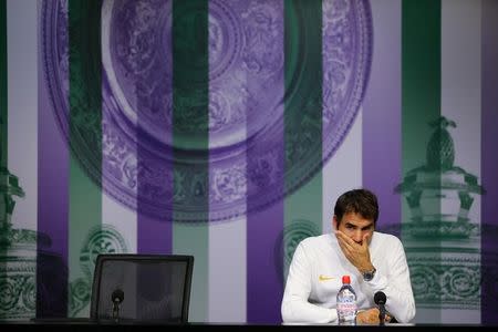 Britain Tennis - Wimbledon - All England Lawn Tennis & Croquet Club, Wimbledon, England - 8/7/16 Switzerland's Roger Federer during a press conference after losing his semi final match to Canada's Milos Raonic REUTERS/Gary Hershorn/Pool