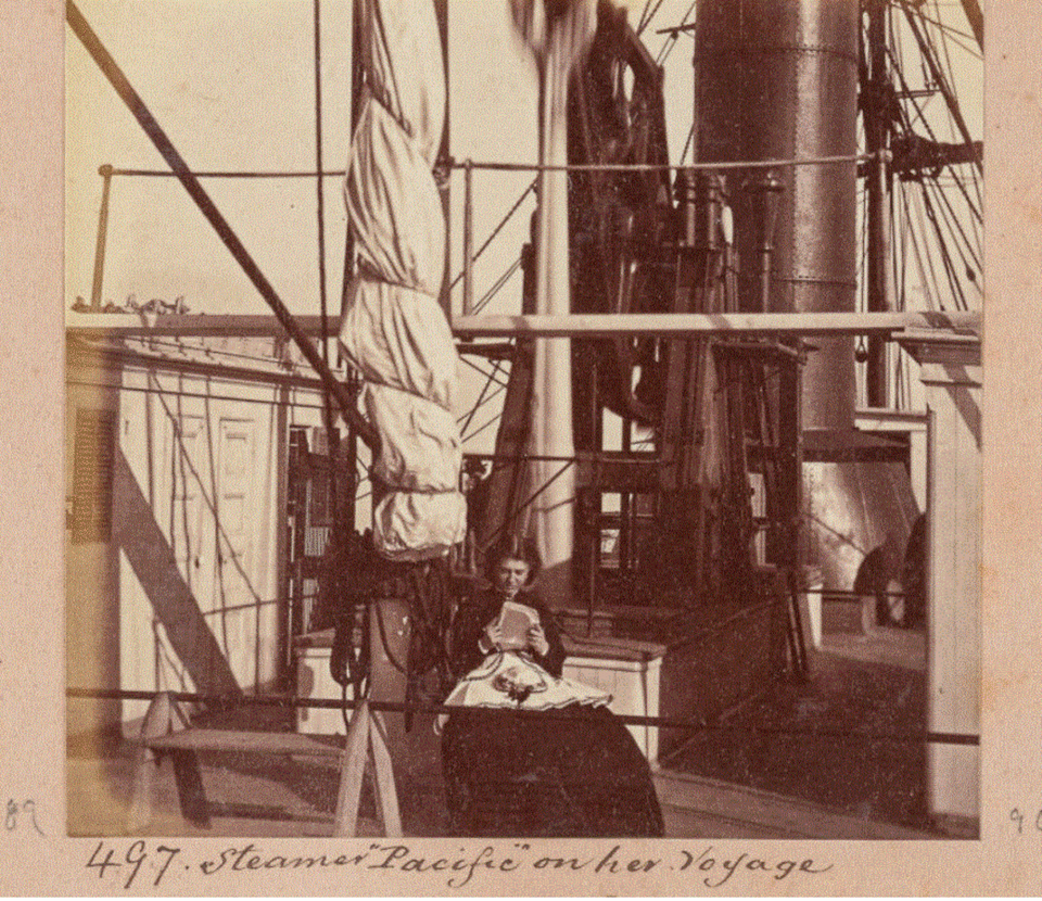 A woman reads on the Pacific‘s deck in 1868.