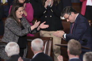  Newly elected Speaker of the House Mike Johnson, R-La., thanks U.S. Rep. Elise Stefanik, R-N.Y., after she delivered his nomination speech as the House of Representatives chose a. new speaker, Oct. 25, 2023. (Getty Images)