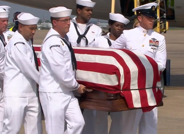 The remains of Navy Fireman First Class Hadley Heavin, who was killed in Pearl Harbor on December 7, 1941, arrive at Tulsa International Airport on Wednesday, September 2, 2020. / Credit: KOTV