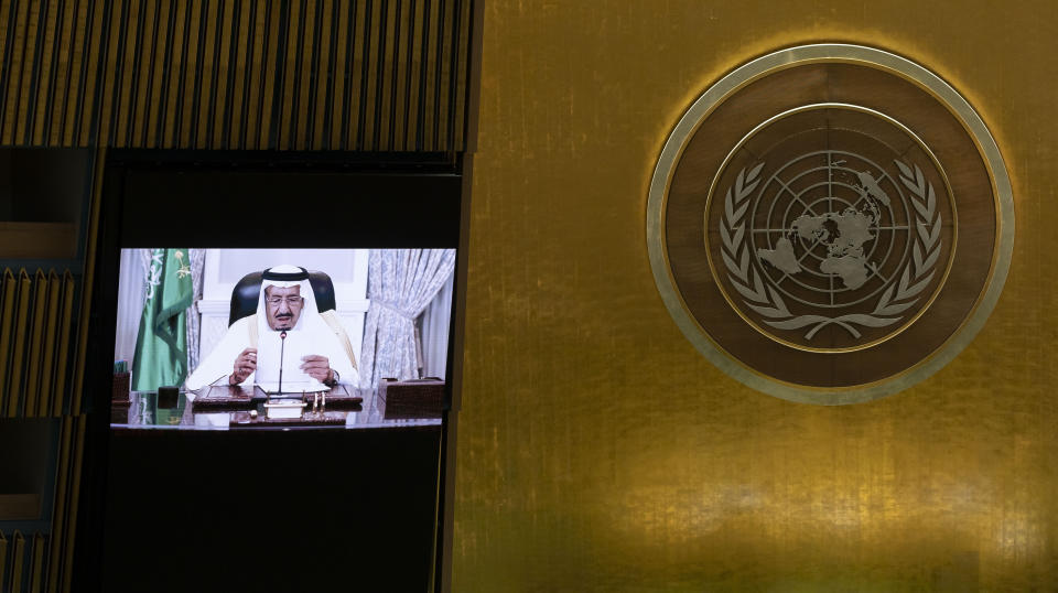 Saudi Arabia's King Salman Bin Abdulaziz Al-Saud via a prerecorded statement, addresses the 76th Session of the U.N. General Assembly at United Nations headquarters in New York, on Wednesday, Sept. 22, 2021. (Justin Lane/Pool Photo via AP)