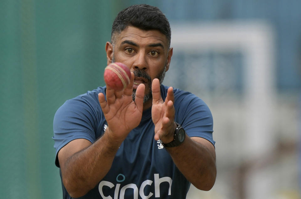 England's Rehan Ahmed attends a practice session ahead of their first cricket test match against India in Hyderabad, India, Wednesday, Jan. 24, 2024. (AP Photo/Mahesh Kumar A.)