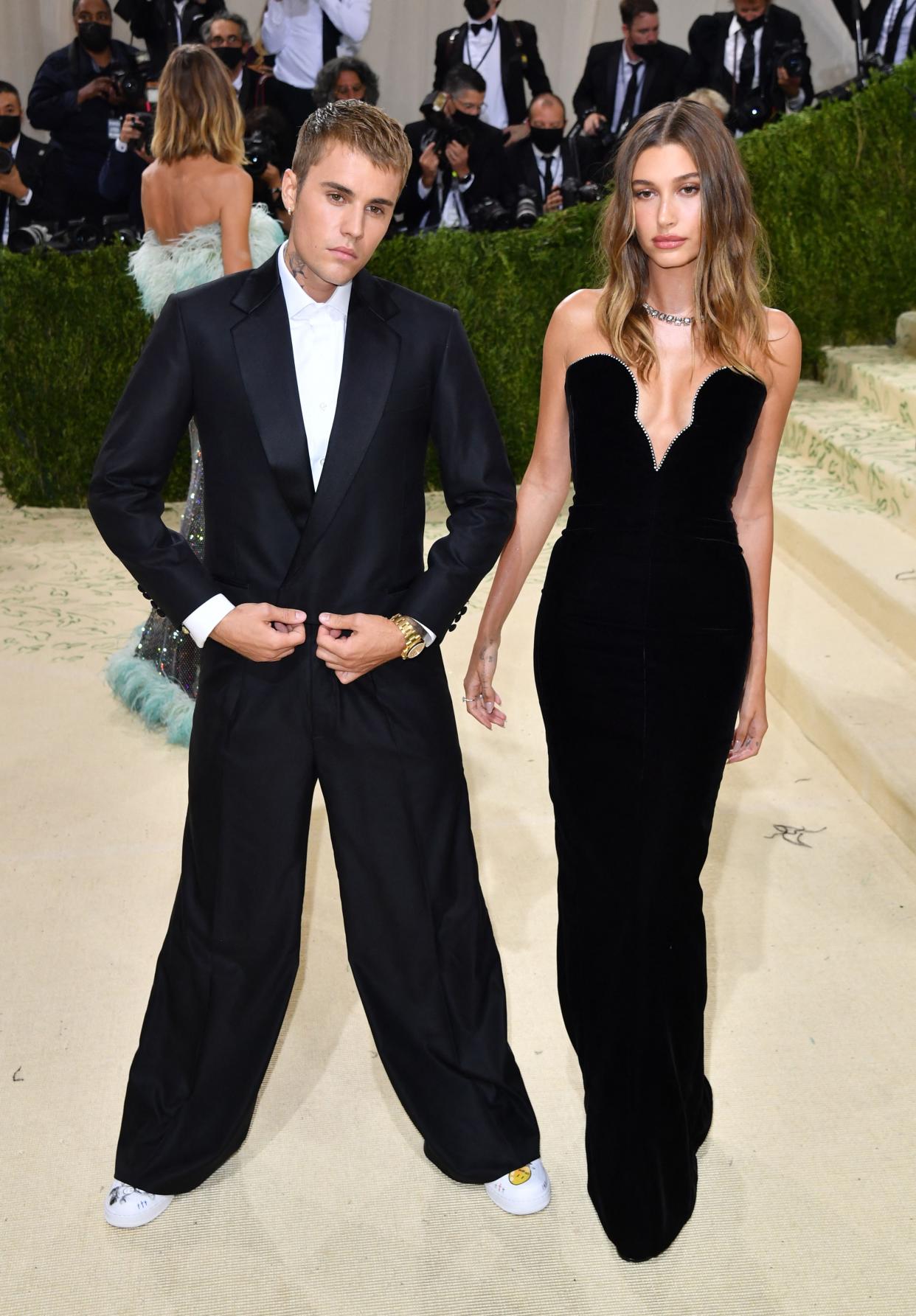 Justin Bieber and Hailey Bieber arrive for the 2021 Met Gala at the Metropolitan Museum of Art on Sept. 13, 2021 in New York.