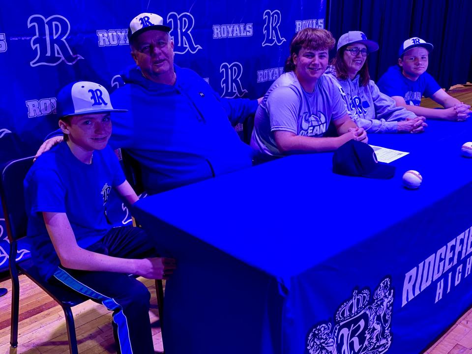 Ridgefield High School senior Chris Kane at the school's Signing Day ceremony. Kane signed to play baseball at Ocean County College. Joining him, from left, Justin Kane, Brian Kane, Valerie Kane and Jesse Kane.