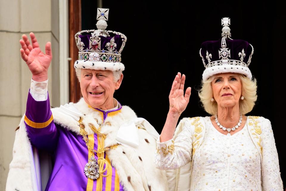 The King and Queen on the balcony of Buckingham Palace after the coronation (Leon Neal/PA) (PA Wire)