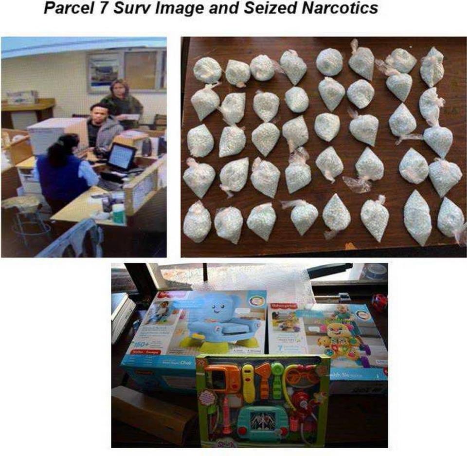 In images compiled in a federal criminal complaint unsealed Thursday, June 1, 2023, fentanyl-laced pills are seen in bulk along with suspects transporting packages and the contents of the packages, which included children’s toys, used to ship narcotics as part of an alleged drug ring operated from Sacramento. Five people, including two members of the Oak Park Bloods, were arrested in connection with the ring that authorities say shipped fentanyl across the United States.