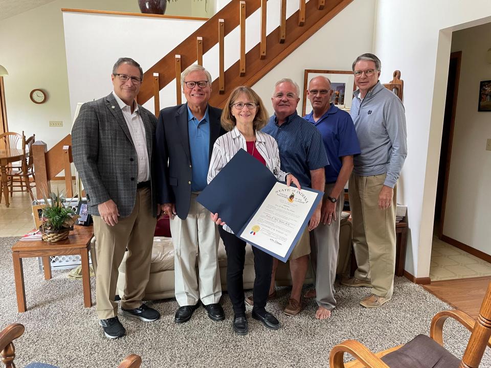 Sens. David Niezgodski and Ron Alting presented the Sagamore of the Wabash award to Debbie Hagen, Dr. Robert Hagen's widow. Hagen was Hagen was an orthopedic surgeon and a devoted public servant, helping found Unity Healthcare in Lafayette.