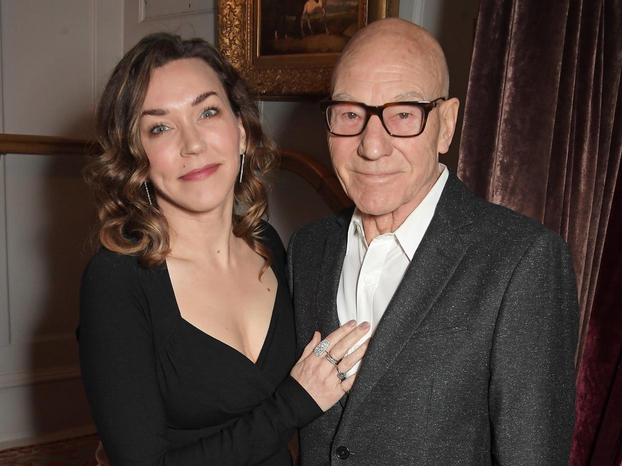 Sunny Ozell and Sir Patrick Stewart attend the Charles Finch & CHANEL Pre-BAFTA Party at 5 Hertford Street on March 12, 2022 in London, England
